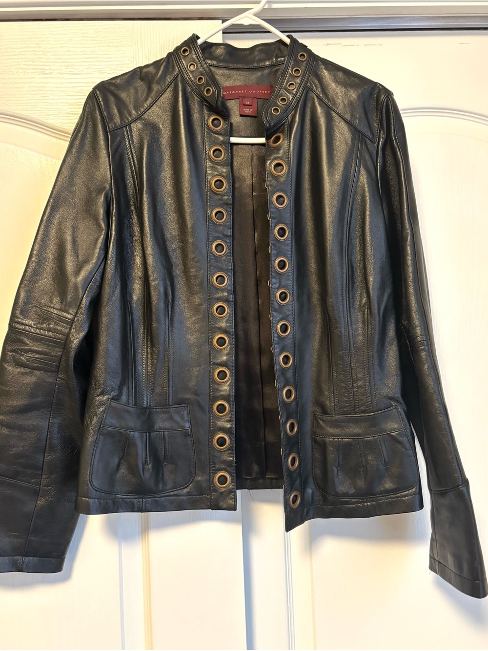 Women’s Black Leather Eyelet-Trim Jacket